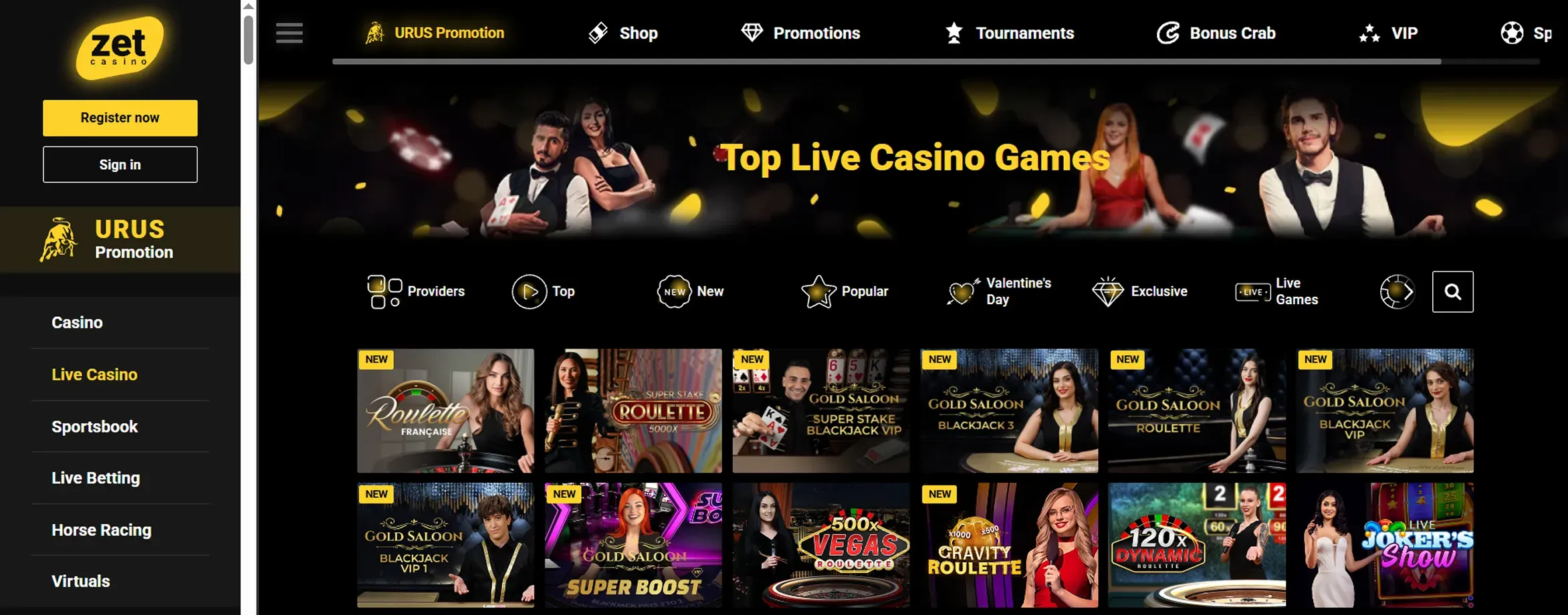 Zet Casino Oberfläche